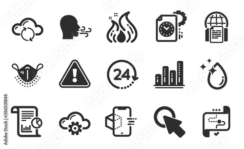 Water drop, Augmented reality and Cloud computing icons simple set. Project deadline, Graph chart and Fire energy signs. Cloud sync, Report and Click here symbols. Flat icons set. Vector