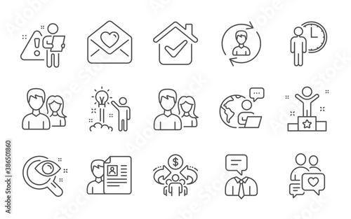 Love letter, Dating chat and Couple line icons set. Human resources, Vision test and Job interview signs. Creative idea, Winner and Sharing economy symbols. Line icons set. Vector