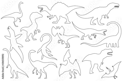 Dinosaur silhouettes set. Coloring dino monsters icons. Prehistoric reptile monsters. Vector illustration isolated on white. Black and white graphics