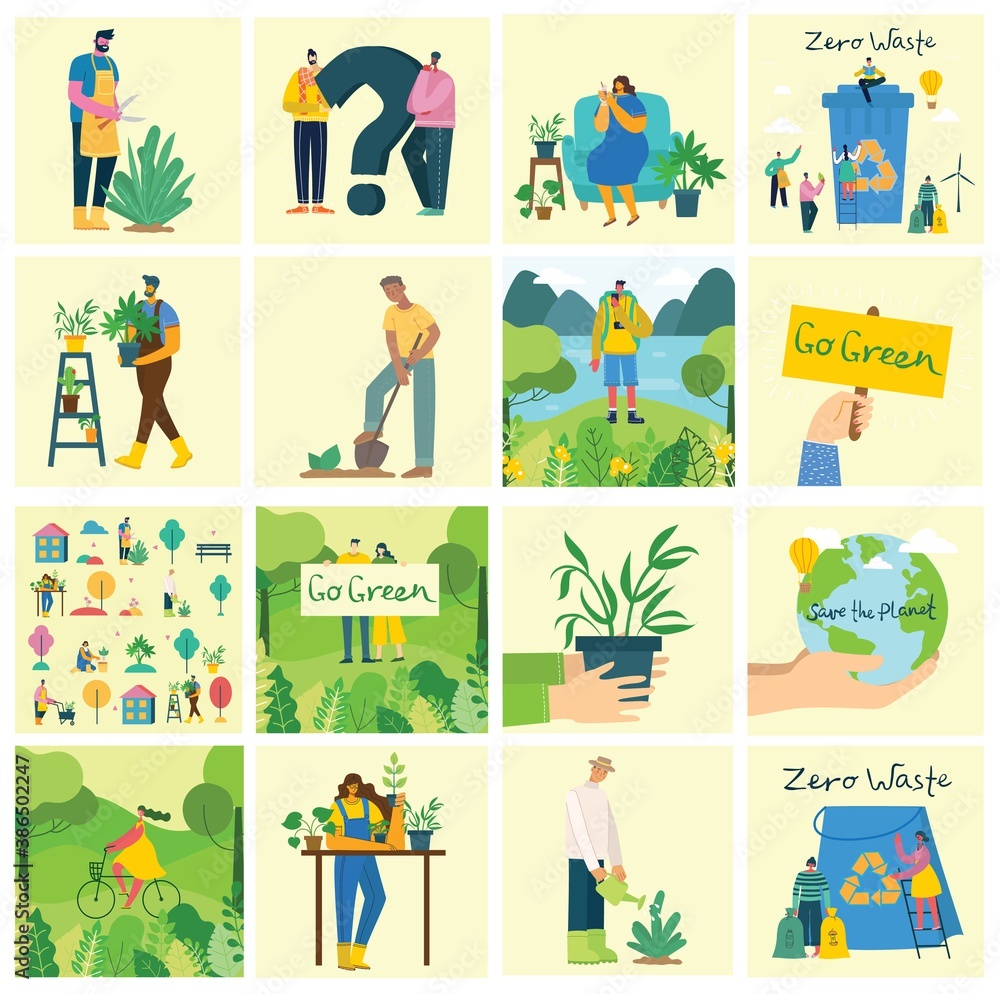 Fototapeta premium Vector set of village people with organic food, flowers and plants