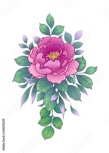 Hand Drawn Pink Flower with Green Leaves