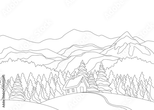 Winter mountains. Snowy landscape with snow houses and pine forest on foreground. Mountain peaks and traveling background. Flat linear coloring style