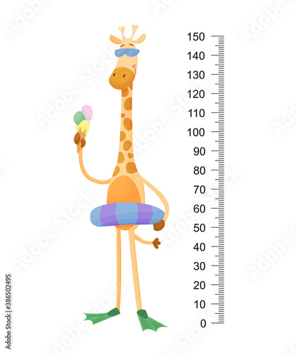 Funny giraffe. Cheerful funny giraffe with long neck. Giraffe meter wall or height chart or wall sticker. Illustration with scale from 2 to 150 centimeter to measure growth