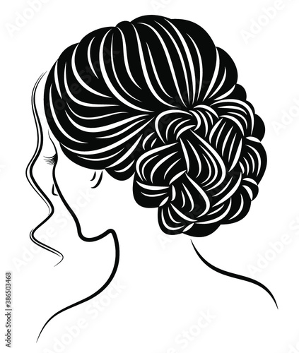 Silhouette of the head of a cute lady. The girl demonstrates her hairstyle stoves for long and medium hair. Suitable for logo, advertising. Vector illustration.