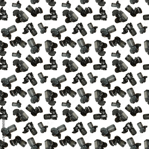 Pattern of cameras on a white background, seamless good quality.