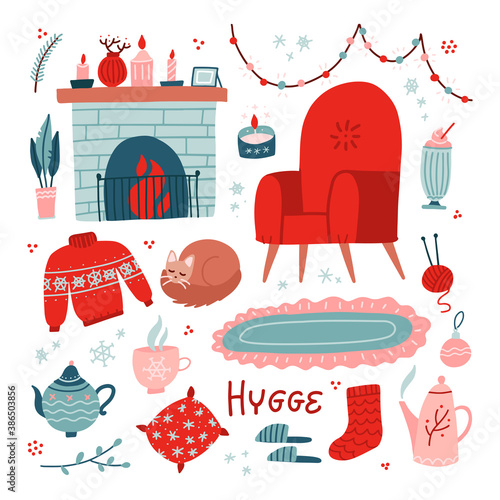 Vibrant Collection of hygge Christmas icons. Big set of cozy and warm elements - armchair, fireplace and teapot. Vector flat hand drawn illustration for greeting cards, posters, and seasonal design.