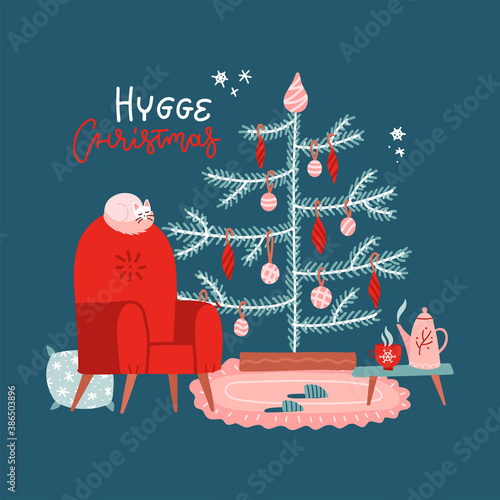 Greeting card concept. Scandinavian interior with home decorations - tree, cat, armchair, table with tea. Cozy Winter holiday season. Cute illustration, Christmas lettering in Hygge style. Flat Vector