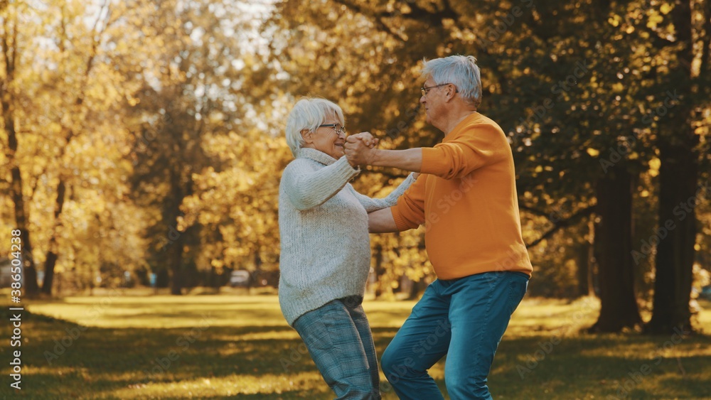 Happy old couple dancing in park. Senior man flirting with elderly woman. Romance at old age autumn day. High quality photo Happy old couple dancing in park. Senior man flirting with elderly woman. Romance at old age autumn day. High quality photo