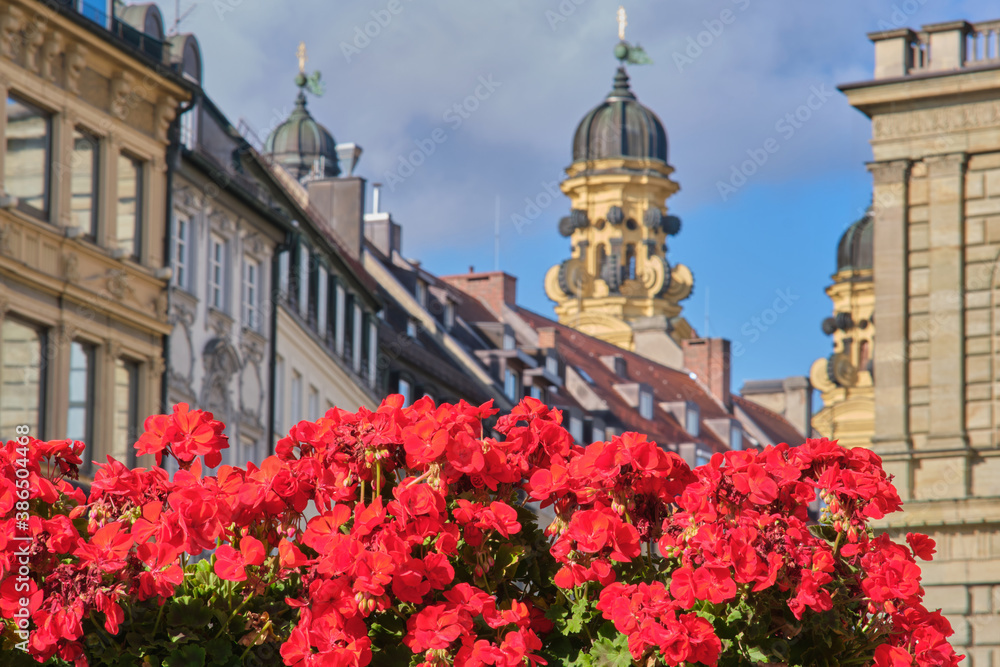 Red flowers on the background of the towers of Theatinerkirche in Munich, Germany