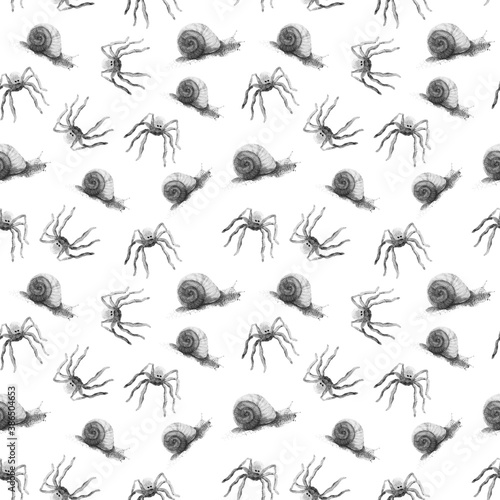 Seamless pattern with grey spiders and snails on white background, for Halloween