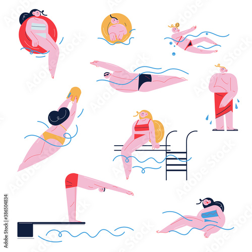 Set of people swimming, diving and having fun on water in swimming pool