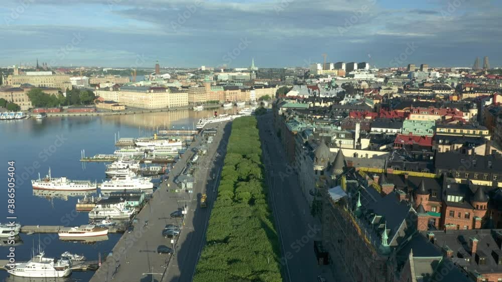 Strandvagen in Stockholm City, aerial drone view flying toward the royal castle Strandvagen in Stockholm City, aerial drone view flying toward the royal castle
