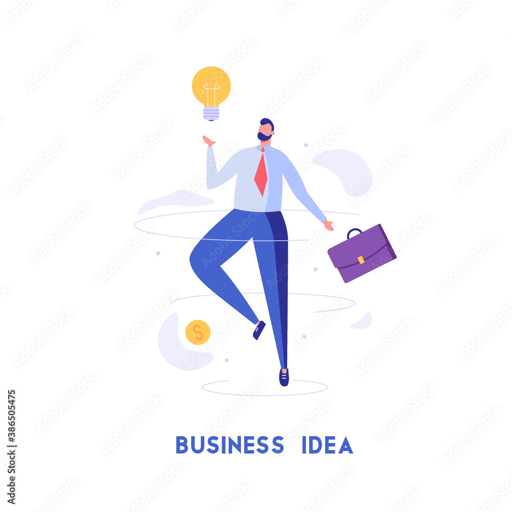 Businessman fly with lamp and brief-bag. Concept of business idea, creativity, innovation, modern trends, improvement, way to get rich. Vector illustration in flat design Businessman fly with lamp and brief-bag. Concept of business idea, creativity, innovation, modern trends, improvement, way to get rich. Vector illustration in flat design
