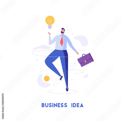 Businessman fly with lamp and brief-bag. Concept of business idea, creativity, innovation, modern trends, improvement, way to get rich. Vector illustration in flat design