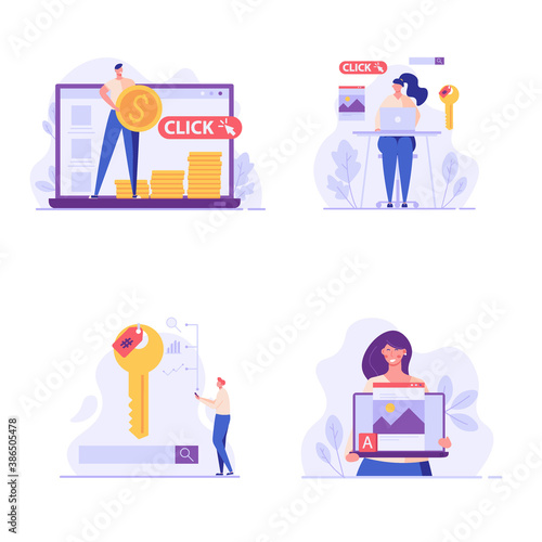 Advertising managers making money with PPC campaign. Pay per click management. Collection of SEO, digital marketing, internet contextual advertising. Set of vector illustration in flat design