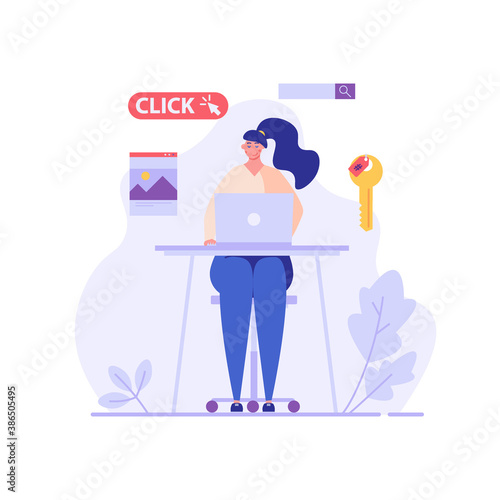 Advertising manager making money with PPC campaign. Pay per click management. Concept of SEO, digital marketing, internet contextual advertising. Vector illustration in flat design for web banner