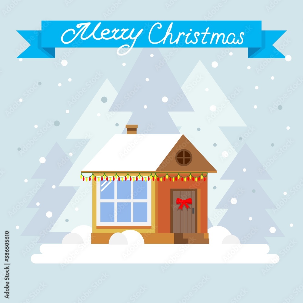 Merry Christmas and Happy New Year greeting card. Winter holidays landscape with snow covered village. Holidays vector illustration