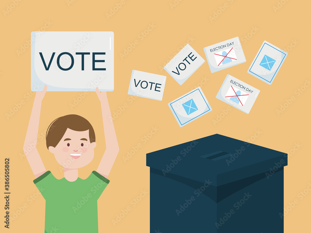 Election day design with cartoon happy man holding up a vote placards and election vote papers and ballot box Election day design with cartoon happy man holding up a vote placards and election vote papers and ballot box