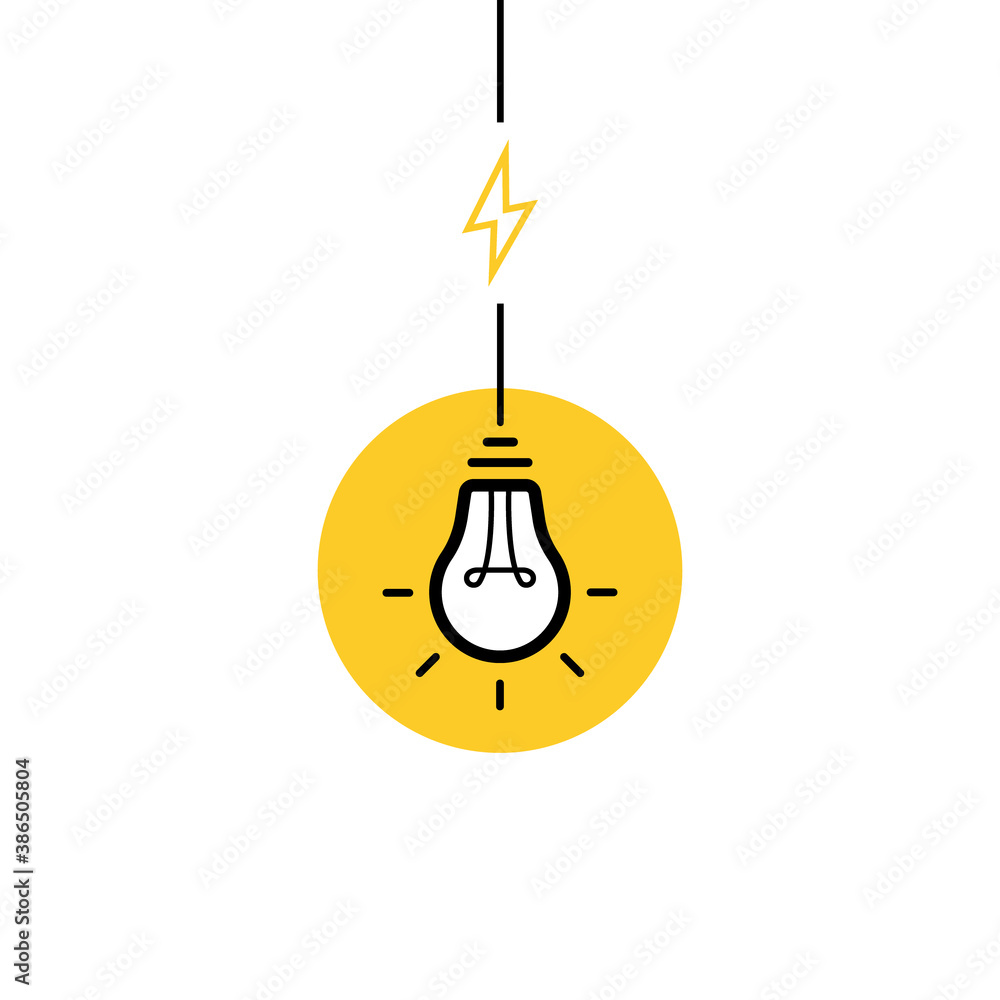 Idea label design. Light bulb with cable and lightning bolt. Logo design. Vector illustration
