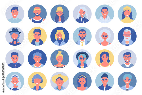 People avatar bundle set. User portraits. Different human face icons. Male and female characters. Smiling men and women characters. Flat cartoon style vector illustration