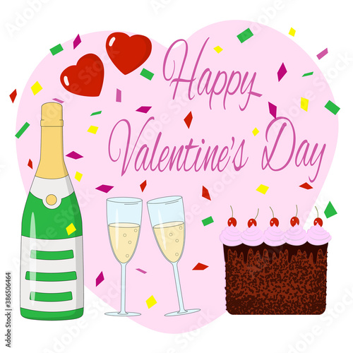 Happy Valentines Day. Vector image with cake  heart  bottle of champagne  glass of champagne