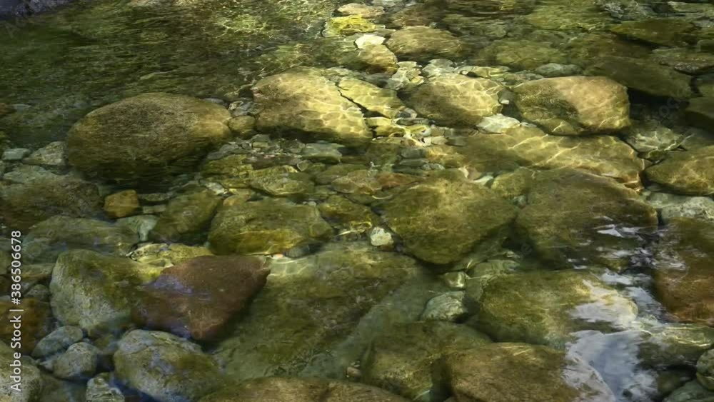 Looking down on a clear mountain river with water flowing around rounded greenish colored boulders. White rocks are scattered along the river bottom and one red rock can be seen.
Looking down on a clear mountain river with water flowing around rounded greenish colored boulders. White rocks are scattered along the river bottom and one red rock can be seen.
