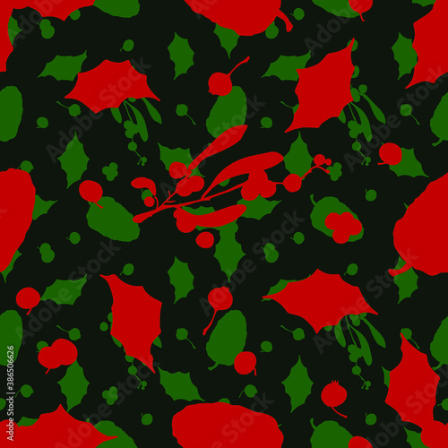 Mistletoe leaves and holly with berries and cones. Christmas background. Seamless vector pattern.