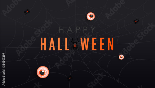 Happy halloween dark banner background template. Scary spiders on cobwebs  bats and eyeballs on black gradient background