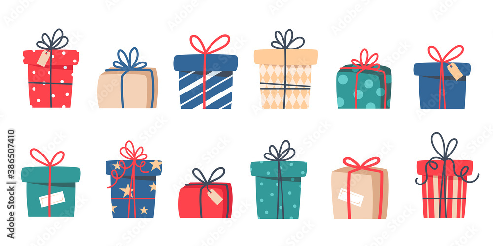 Set of Christmas gifts, New Year presents, gift boxes with ribbons, vector illustration in flat style - obrazy, fototapety, plakaty 