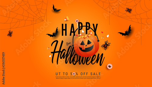 Happy halloween sale banner background.Halloween pumpkins and flying bats on background template