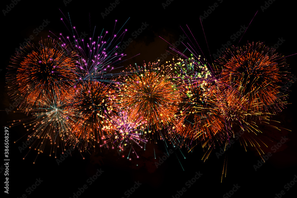 Realistic 3D illustration colorful firework pyrotechnic night dark sky with smoke on isolated black background wallpaper use celebrate happy new year 2021 countdown festival anniversary birthday party