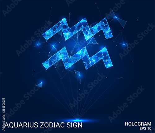 Hologram Aquarius zodiac sign. Aquarius is a zodiac sign made up of polygons, triangles, points, and lines. Aquarius zodiac sign low poly compound structure. The technology concept.