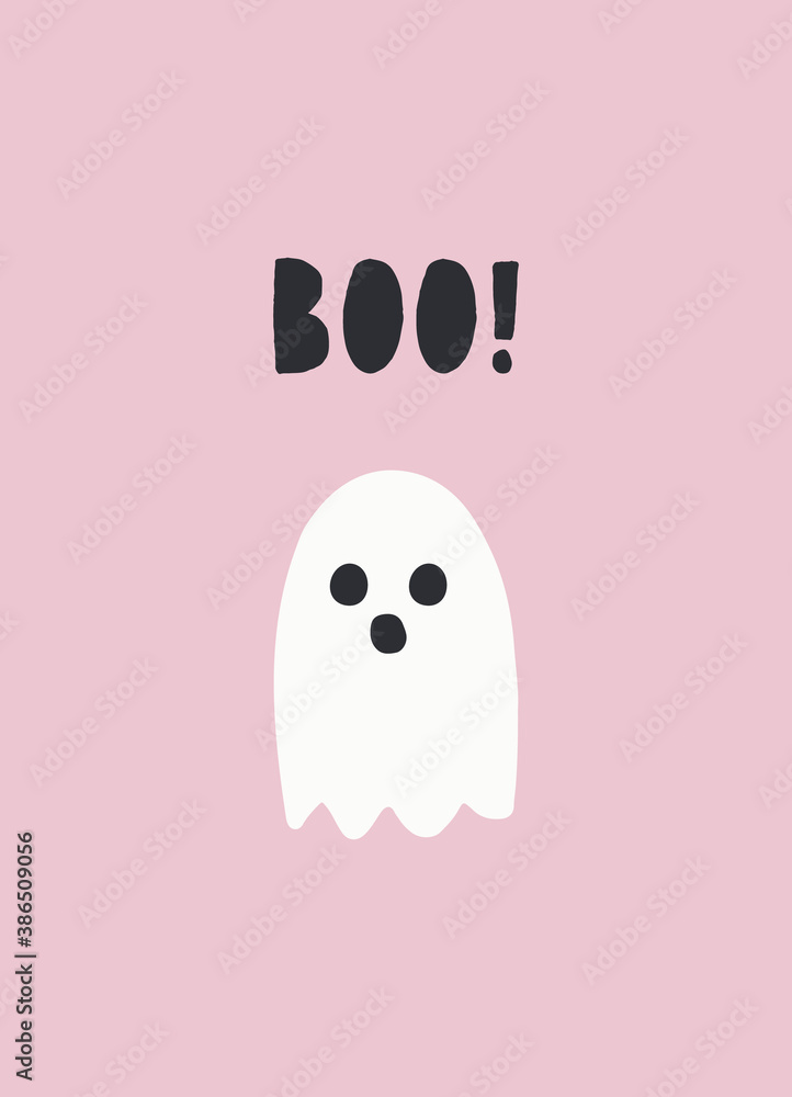 Halloween Cute Vector Illustration with White Scary Ghost on Pink ...