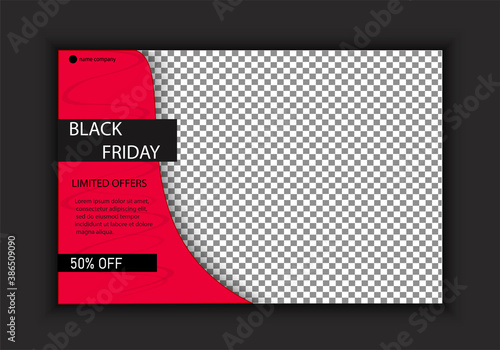 Black Friday. Promotional Store Mockup With Place To Place Photos Of Your Own Products. Business, marketing, new product announcement, new collection, button, learn more. vector image.
