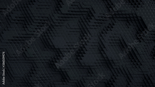 Dark wall of triangles. Black 3D rendering backgroud.