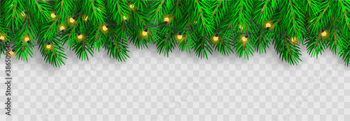 Realistic Christmas border. Xmas background with fir branches. Christmas border with fir branches. Christmas decoration tree branches with shadow - stock vector.