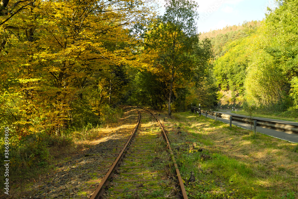 Naklejka premium Stillgelegte Bahnlinie Brexbachtalbahn im Westerwald bei Höhr-Grenzhausen in Rheinland-Pfalz - Stockfoto