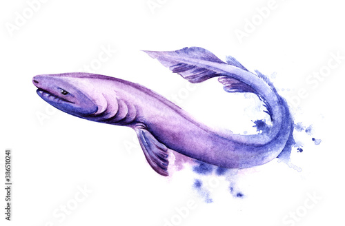 Tela Watercolor image of cartoon frilled shark of purple color on white background