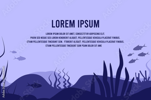 Seabed in abstract style on background. Sea landscape. Flat cartoon vector illustration. Underwater world. Nature landscape template. Beautiful poster for concept design. Silhouette, wallpaper.