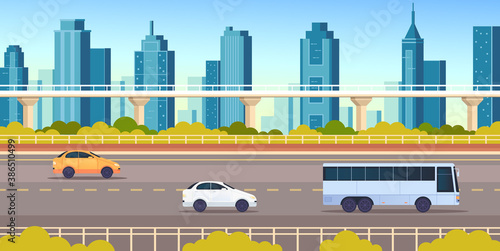 City town road highway transport horizontal concept vector flat graphic design flat illustration