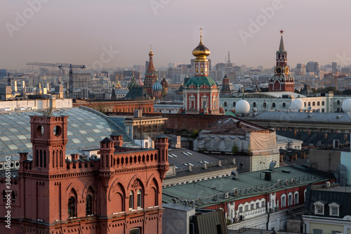 Cityscape view from the roof of the Central Children's store at Lubyanka in the center of Moscow. There you can see landmarks of the Moscow downtown: Kremlin, Spasskaya tower, St. Basil's Cathedral. © Vadim