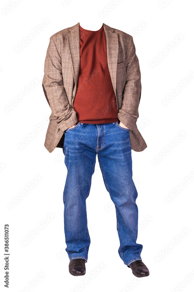 men's button light brown jacket, men's blue jeans, leather black shoes and  shirt isolated on white background Stock Photo | Adobe Stock
