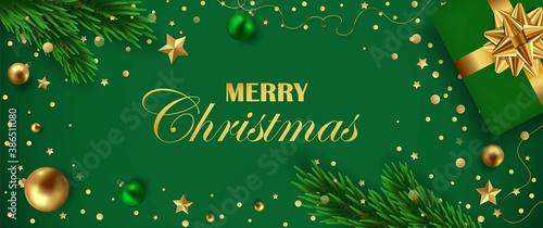 Christmas banner with fire branches, gift, bow, stars, confetti and christmas balls