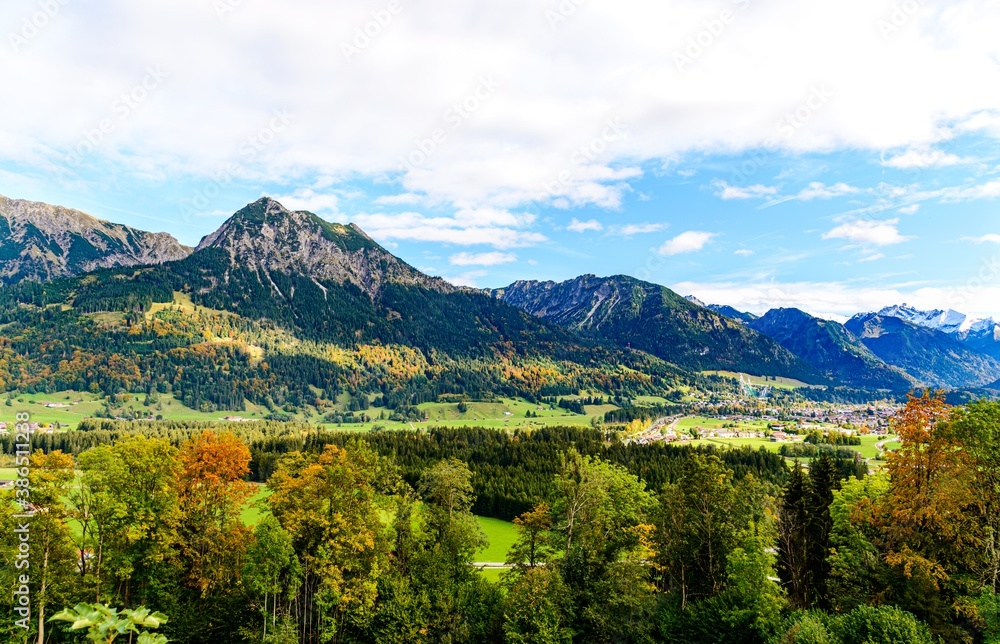 Panorama view on Obersdorf in Allgau, Bavaria, Bayern,  Germany. Alps Mountains in Tyrol, Austria.