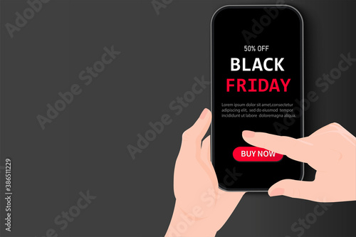 Black Friday. Discounts 50 percent.
Purchases through the mobile app. Hand holds a mobile phone. Press the buy button on the touchscreen. The client makes a payment transaction. Vector