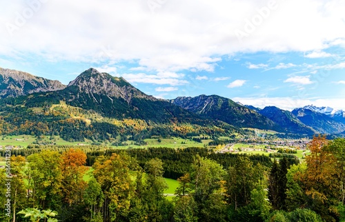 Panorama view on Obersdorf in Allgau, Bavaria, Bayern, Germany. Alps Mountains in Tyrol, Austria.