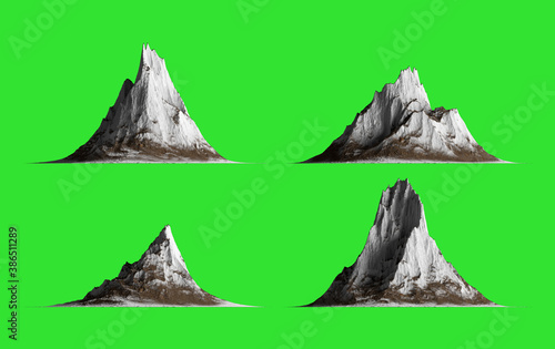 A set of 4 images of mountains on chrome key to build a variety of backgrounds. Frontal view. 3D rendering
