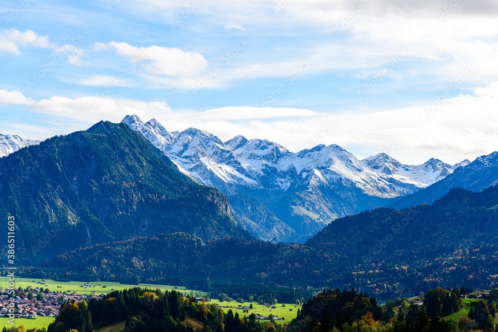 Panorama view on Obersdorf in Allgau, Bavaria, Bayern,  Germany. Alps Mountains in Tyrol, Austria.
