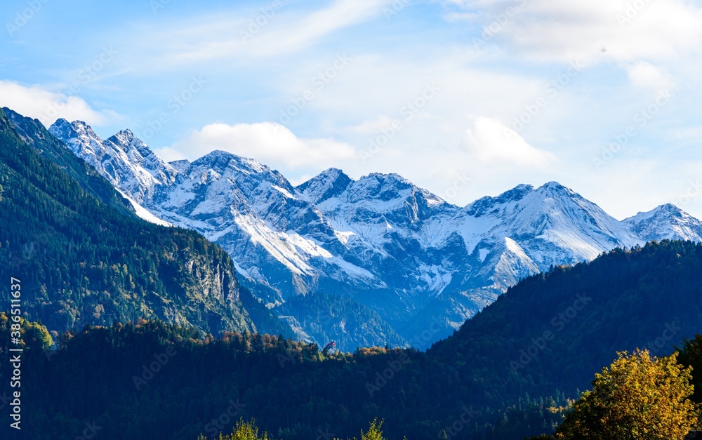 Panorama view on Obersdorf in Allgau, Bavaria, Bayern,  Germany. Alps Mountains in Tyrol, Austria.