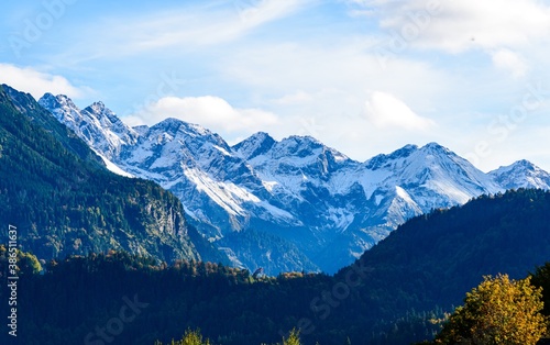 Panorama view on Obersdorf in Allgau, Bavaria, Bayern, Germany. Alps Mountains in Tyrol, Austria.